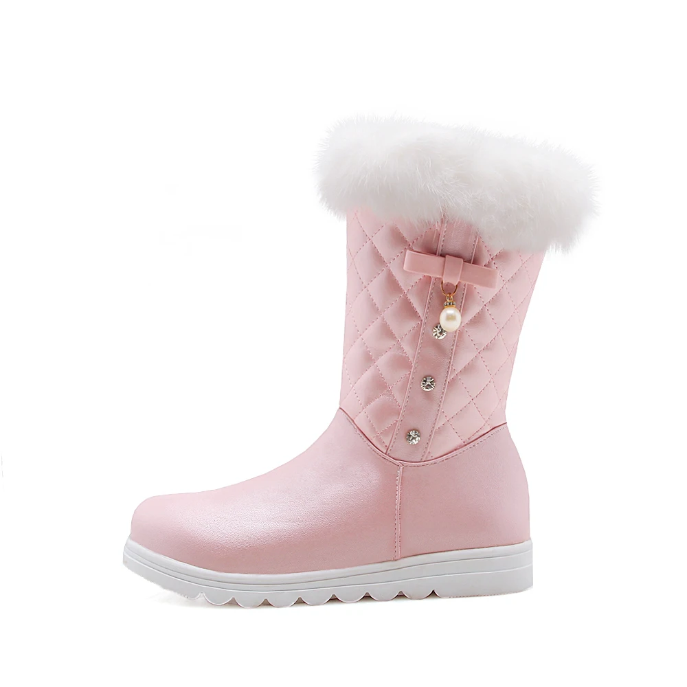 NEW fashion warm Mid-Calf snow boots women round toe soft leather warm Rabbit Fur winter thick fur ladies winter shoes