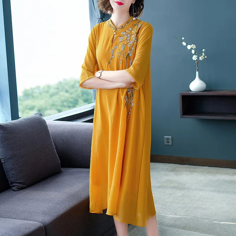 Летнее китайское традиционное платье Cheongsam в стиле ретро с вышивкой 2019 | Женская