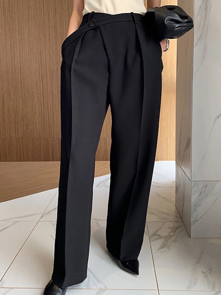 VGH Elegant Solid High Waist Women Pants Button Pleated Slim Straight Long Trousers Female Fashion Summer Korean New - Цвет: black