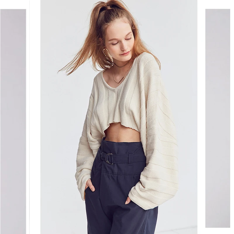 Women Solid Beige Big V Neck Crop Sweater Batwing Sleeve Loose 2022 Winter New Lady Sexy Character Knitwear Femme Knitted Top | Женская