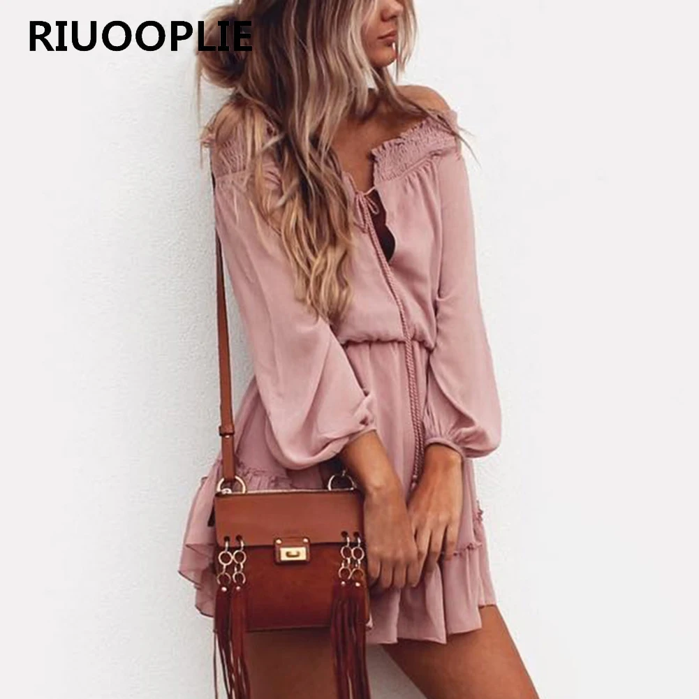 RIUOOPLIE пляжное летнее платье с открытыми плечами и длинным рукавом короткое