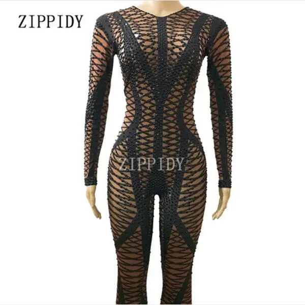 

Black Bling Rhinestones Dark Skin Color Skinny Jumpsuit Female Singer Nightclub Party Celebrate Oufit Costume One-piece Leggings
