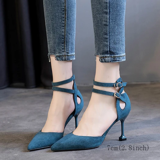Navy Blue 7cm Замшевые туфли-лодочки на высоком каблуке 3 дюйма, размер 33, знаменитый котенок, г., темно-синие туфли-лодочки на высоком каблуке женские босоножки с завязками обувь с острым носком и ремешком - Цвет: Navy Blue 7cm