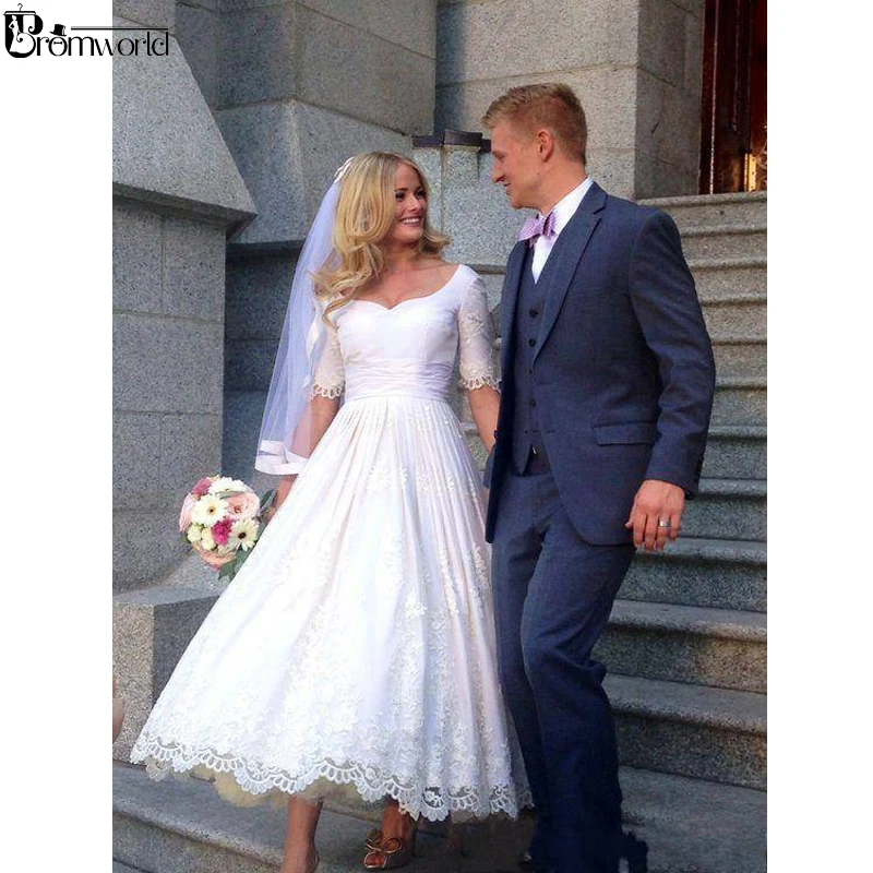

robe de mariee 2021 Half Sleeves Tea-Length Lace Wedding Dresses A Line Garden Short Bride Dress Custom Made Wedding Gowns