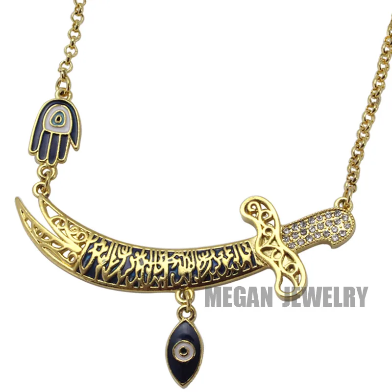 muslim turkish evil eye Imam Ali Sword Hamsa Hand Of Fatima necklace, islam jewelry fashion 55cm chain