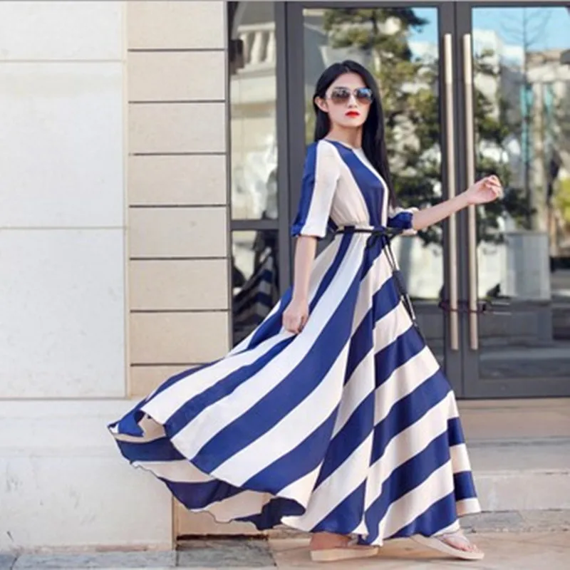 2017 Макси платье женское Элегантное Длинное Платье Полосатое шифоновое большой