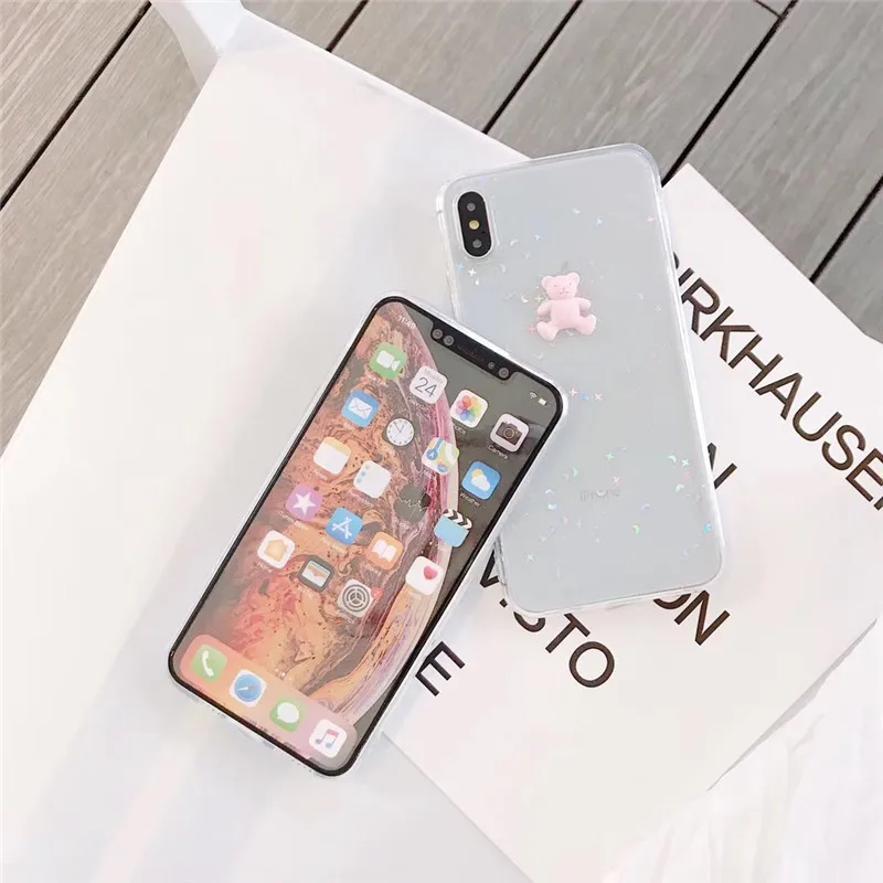 Transparent sequins stars bears phone case For iphone 6 6s 7 8plus luxury hard shell X XS MAX XR back cover |