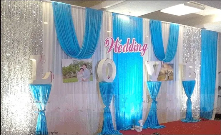 

3*6m Wedding Party Ice Silk Fabric Drapery Blue Color With Silver Sequins Swag Stage Prop Fashion Drape Curtain Backdrop