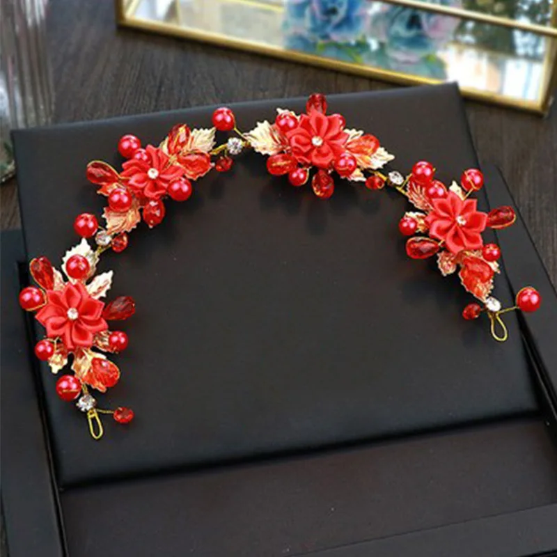 M 34X5CM Gold Vine Великолепная красная повязка на голову в виде короны с цветами Тиара Свадебный золотой цвет головные уборы повязка для волос гребни невесты вечерние женские украшения для волос клипсы - Окраска металла: M 34X5CM Gold Vine