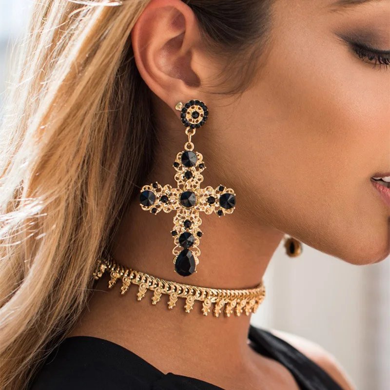 

JURAN Vintage Crystal Gold Dangle Earring Crosses Metal With Gems Goth Earrings for Women Luxury Jewelry Pendant 2022 Trend New