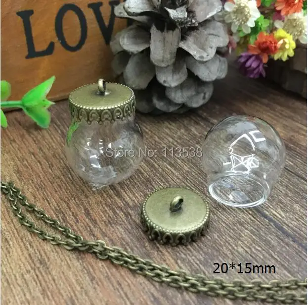 

Free ship!!! 20sets/lot 20*15mm glass globe & bronze crown base set glass globes set glass vial pendant glass cover round ball