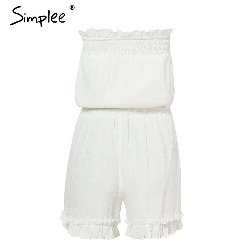 Женский льняной комбинезон Simplee с оборками летний однотонный короткий ромпер
