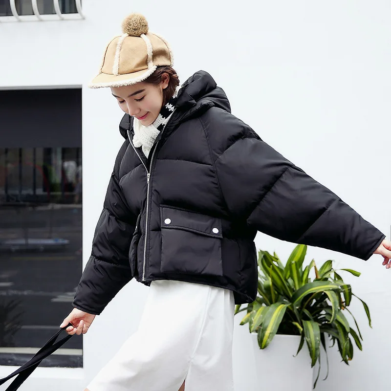 Ladies Short Winter Jacket Women Hooded Warm Jackets Coat Female Bat Sleeve Thick Outwear Parkas Down | Женская одежда