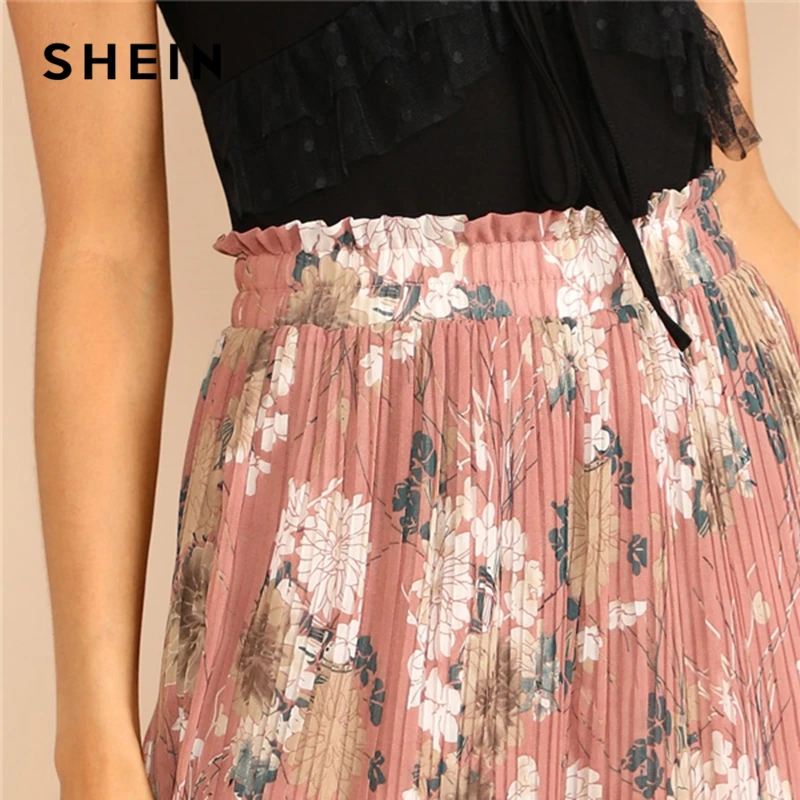 SHEIN Широкие Брюки Со Складками И Цветочным Принтом Женская Многоцветная Летняя Юбка С Эластичной Талией