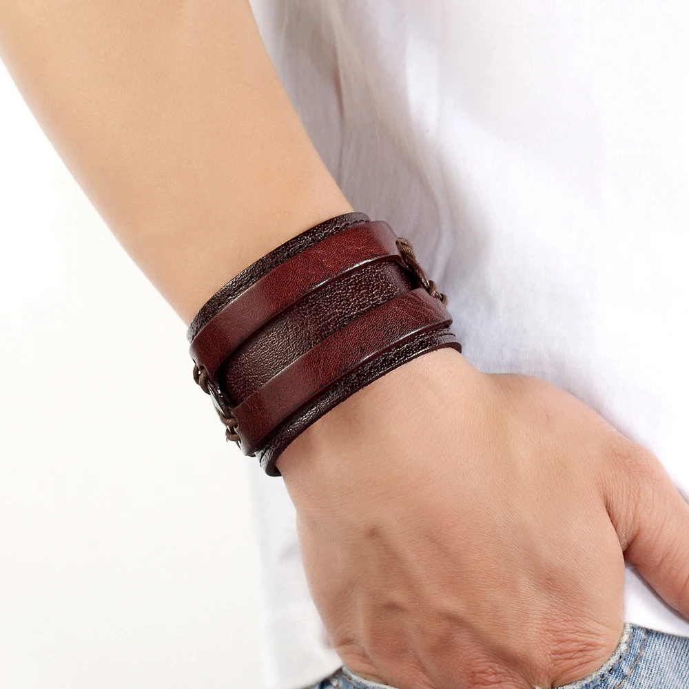 Браслет TYO из искусственной кожи с двойными застежками черный и коричневый 18-20 см