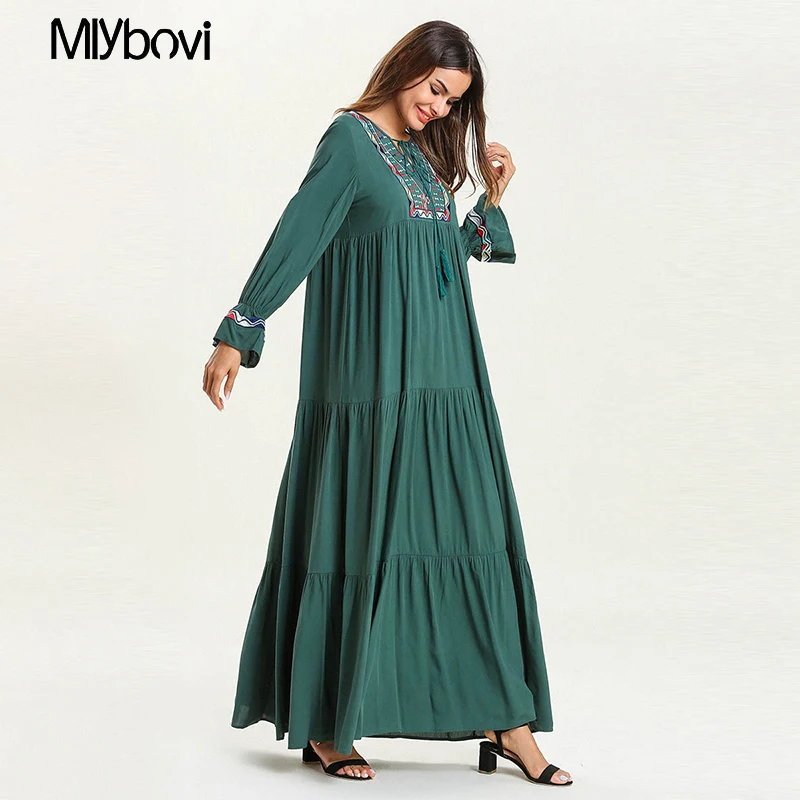 Abayas для женщин большие размеры костюмы 4XL Длинные Зеленые вышивка Макси