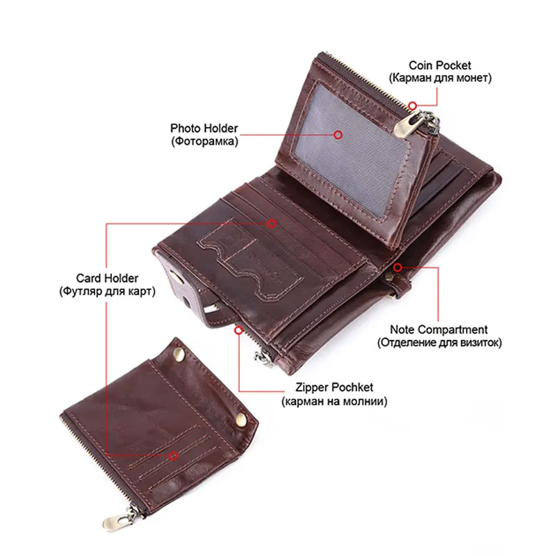 Vintage Men Leather Wallets Soft Genuine Leather Short Card Holder Chain Men Purse Brand Male wallet with Coin Pocket