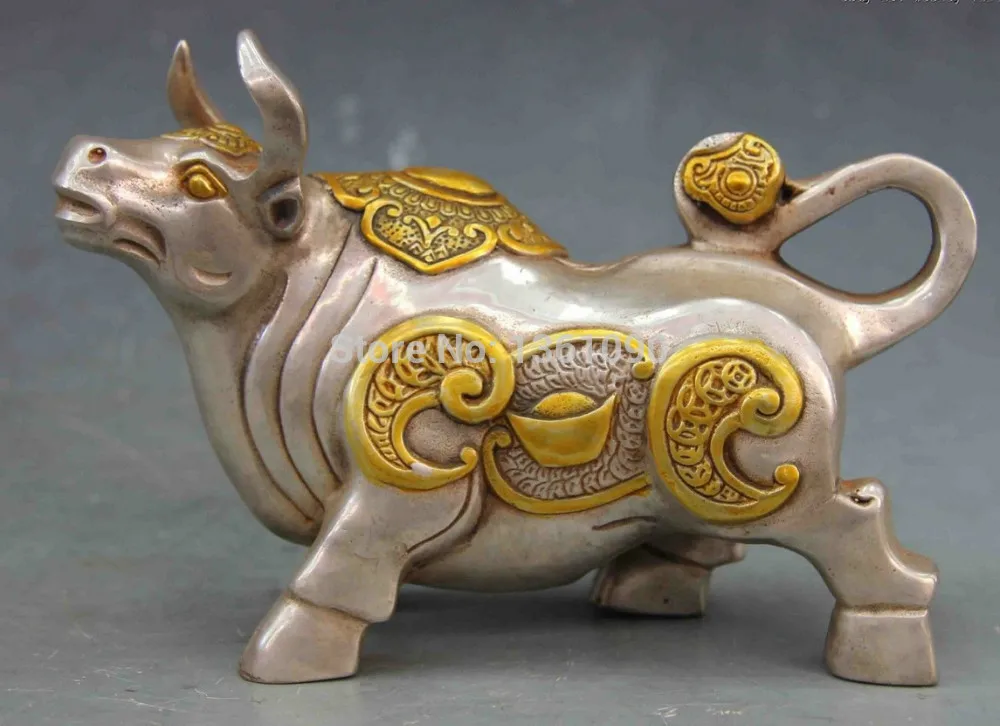 

xd 00511 4 Chinese White Copper Silver Fengshui Lucky Wealth RuYi YuanBao Cattle Wild ox