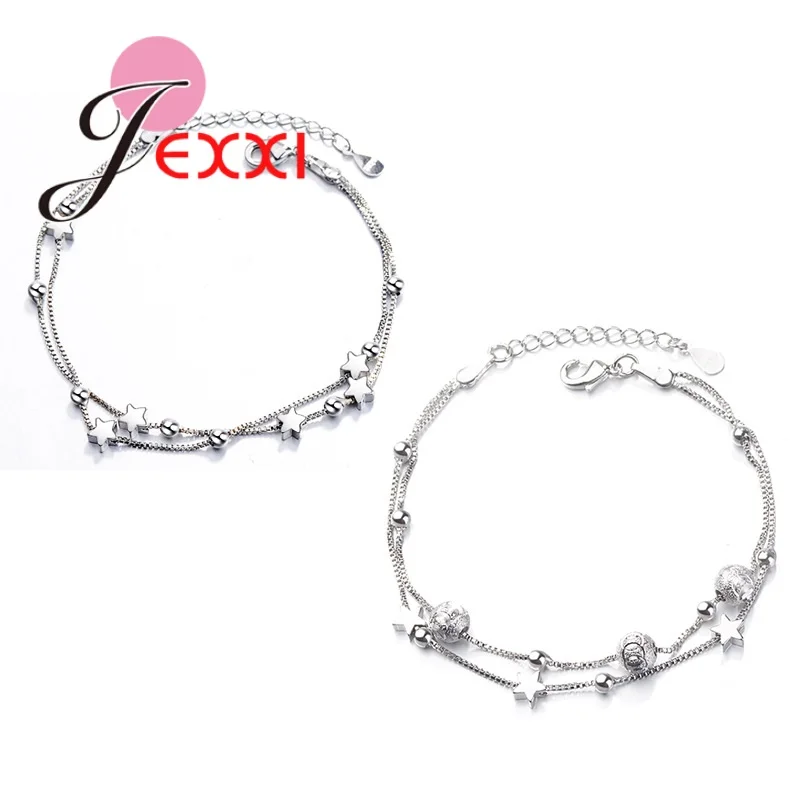 Блестящие 925 пробы серебряные браслеты со звездами для женщин Bijoux двухслойные 2 стильные цепочки браслет модные ювелирные изделия подарок Прямая поставка