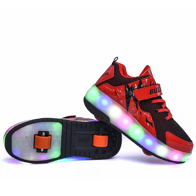 purple USB Charging Fashion Girls Boys LED Light Roller Skate Shoes For Children Kids Sneakers With Wheels Two wheels led shoe | Детская