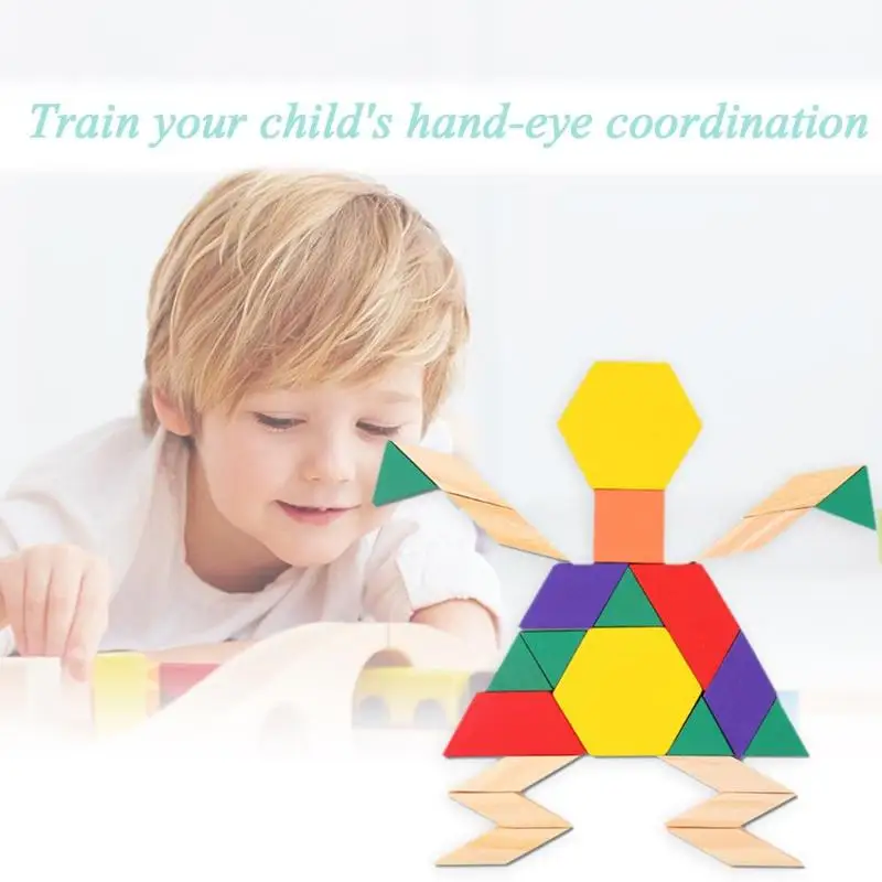 Wooden Tangram Shape Jigsaw Puzzle Box Kids Geometric Macthing Game Board with construction drawings Children Toys | Игрушки и хобби