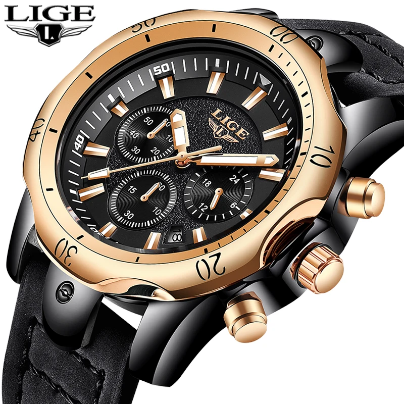 2018 LIGE мужские s часы брендовые роскошные золотые кварцевые повседневные кожаные