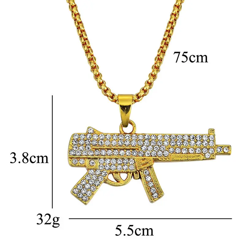 Bling bling AK-47 вращающийся пистолет-Пистолет Хип-хоп золото серебро кристалл кулон ожерелье, Льдом Из кубинской цепи ювелирные изделия