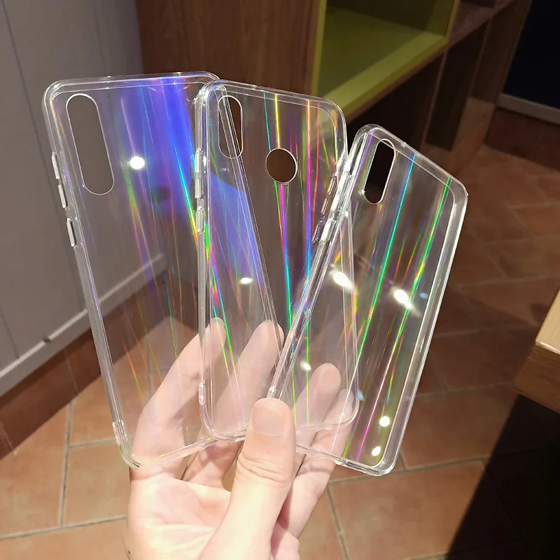 Gradient Rainbow Laser Holographic Case for Huawei P20 Lite P20 P30 Pro Transparent Clear Soft Capa Funda Light reflections Hull