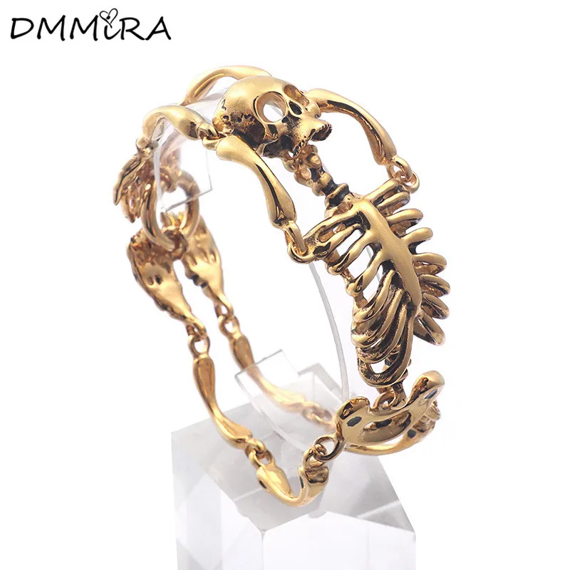 

Fashion Cool Men's Punk People Skeleton Bracelet Gold Stainless Steel Gold Crystal Frame Skull Chain Bracelets Jewelry