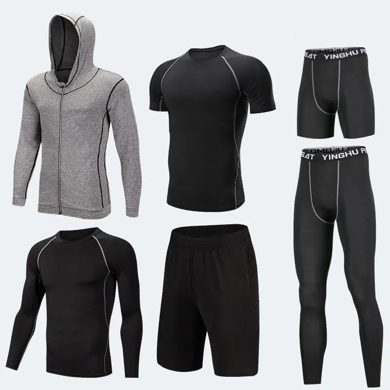 6PCS JY Grey Set Мужская спортивная одежда, Компрессионные спортивные костюмы, одежда для тренировок, Гимнастические Колготки, набор для бега, Быстросохнущий Спортивный костюм размера плюс - Цвет: 6PCS JY Grey Set