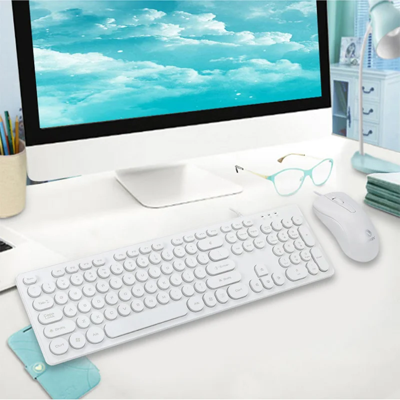 Круглая ретро клавиатура для девочек комбинированная проводная USB мышь игровая