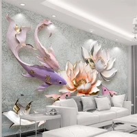 beibehang 3d wallpaper relief lotus fish retro fresh tv background wall living room bedroom mural wallpaper for walls 3 d photo