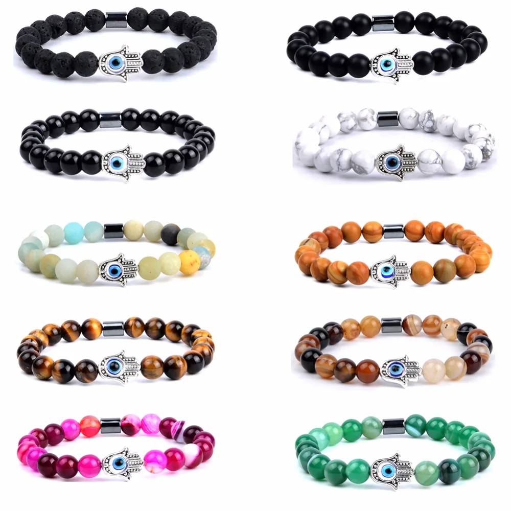 Vintage Fatima Hand Charm Bracelets Bangles For Women Jewelry Natural Black Lava Agates Beads Bracelet Wristband Men Accessories | Украшения