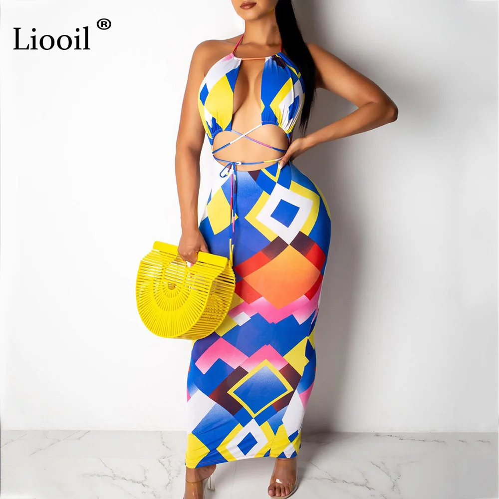 Синий Liooil Tie Dye Женский комплект 2 шт. Холтер облегающее Макси платье с открытой спиной Платья размера плюс длинные сексуальные платья вечерние платья для ночного клуба - Цвет: Синий