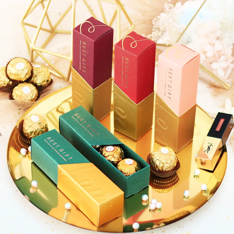 

50/100pcs Wedding favor and gifts chocolate candy box lipstick boxes gold red creative packaging a gift for guests