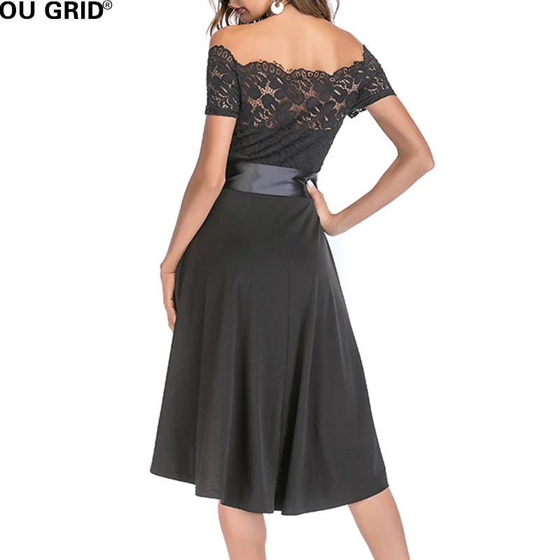 Женское винтажное кружевное платье для вечеринки с открытыми плечами, узким силуэтом и элегантным асимметричным подолом, сексуальное с обнаженным вырезом горловины, А-образного кроя.