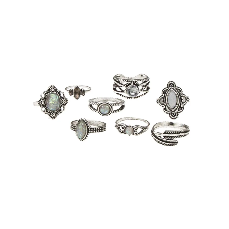 SexeMara Boho Stylish Silver Color White Colorful Opal Knuckle Midi Ring Set for Women Metal Leaf Carving Finger Rings 8pcs/set | Украшения