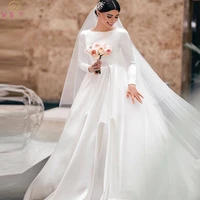 romantic muslim bridal gowns ivory white long sleeve o neck castle garden wedding dresses 2022 simple arabic long robe de mariee