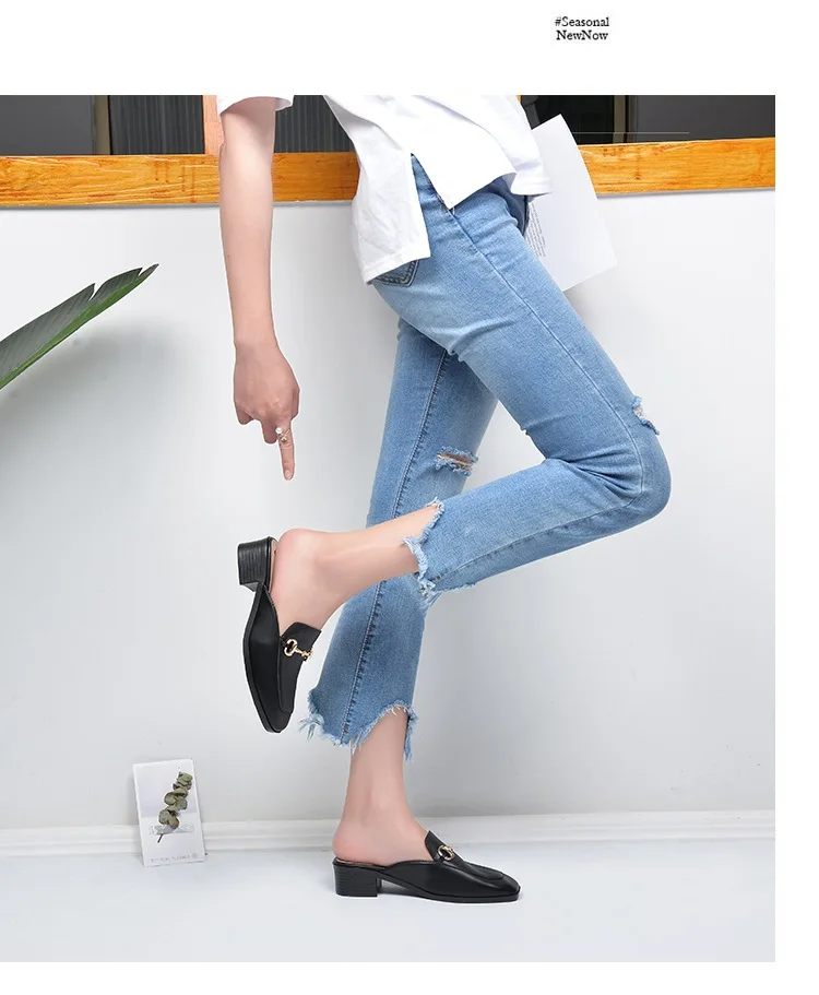 Summer Fashion Genuine Leather Mules Block Heels Shoes Woman Slipper Modis Black Casual Shoes Women Ladies Sliders Female