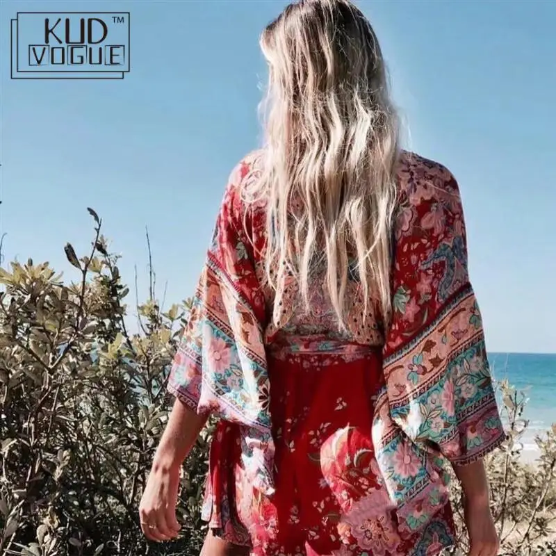 Boho красный цветочный принт рукав летучая мышь женское кимоно сексуальный
