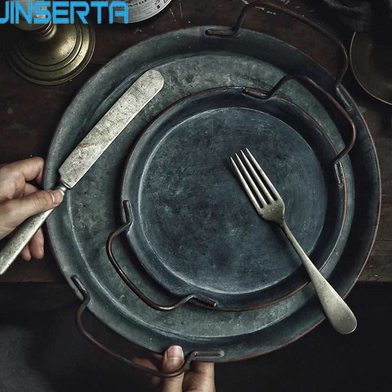 Металлический поднос JINSERTA ретро тарелка с ручкой ручной работы Круглый кованый