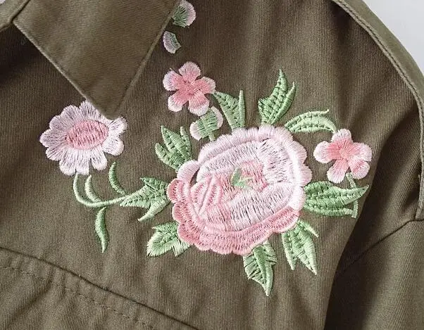 New 2017 Women Fashion Vintage Retro Epaulet flower embroidery patch designs army green Loose Blouse Brand Outwear Shirt Tops |
