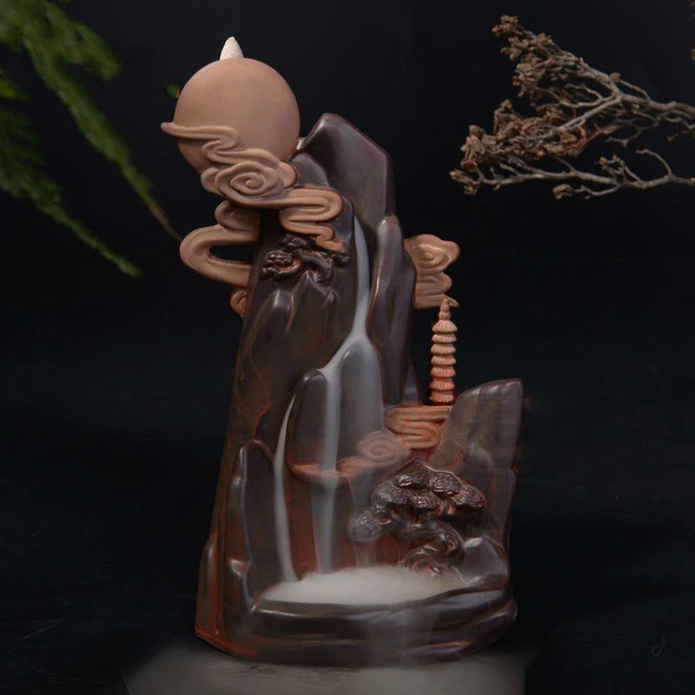 Backflow Incense Burner Home Office Decor Ceramic Smoke Backflow Incense Stick Holder Censer + 10Pcs Incense Cones