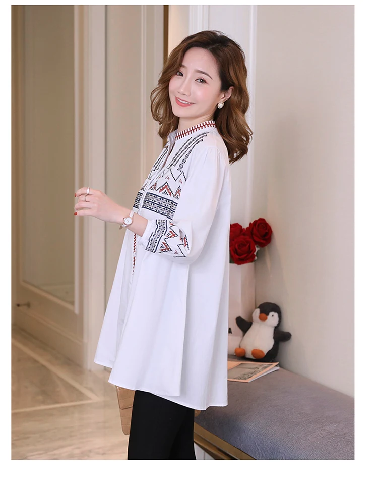 new loose embroidery pregnant women shirts plus size long sleeve v-neck single breasted cotton blouses maternity mini dress