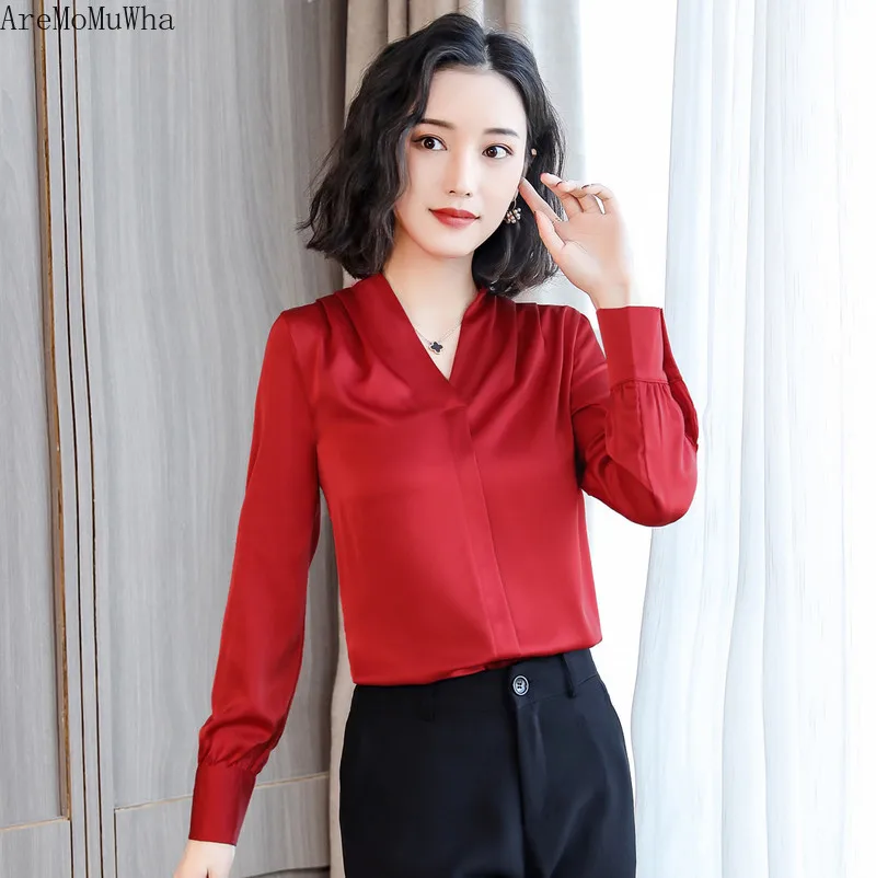 

AreMoMuWha 2019 Spring and Autumn New Professional Wear Loose Satin V-neck Ladies Han Fan Fashion Shirt Long-sleeved Shirt MH250