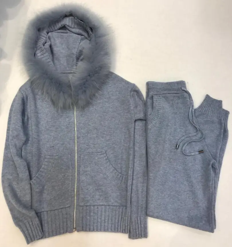 purple grey Зимний шерстяной+ кашемировый вязаный теплый Костюм Бархатный свитер с капюшоном и мехом лисы+ кашемировые брюки из норки костюм для отдыха из двух предметов wj2811 - Цвет: purple grey