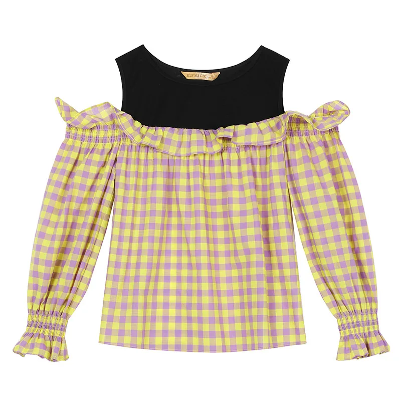 Yellow ELFSACK, летняя Новинка, хлопковая Повседневная Женская блузка, стильная клетчатая женская рубашка с круглым вырезом и рукавом-бабочкой, женская рубашка OL - Цвет: Yellow