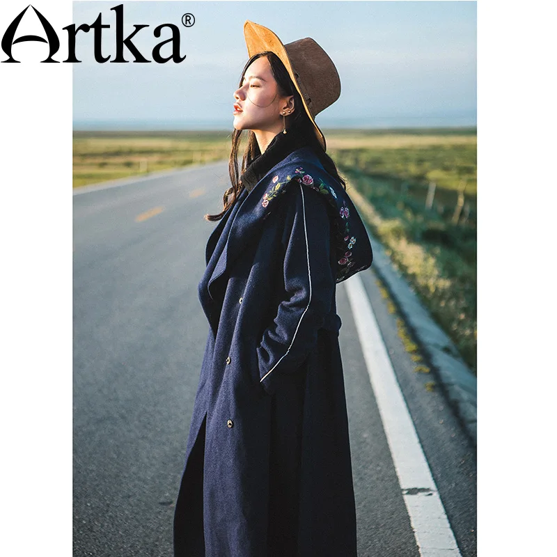ARTKA женские зимние куртки с вышивкой длинное пальто Женское шерстяное поясом 2018