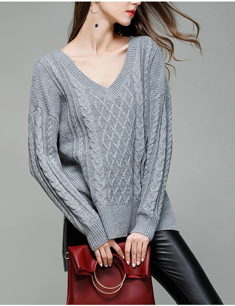 Casual computer knitted V-Neck full sleeve Solid color regular pullovers sweater for women | Женская одежда