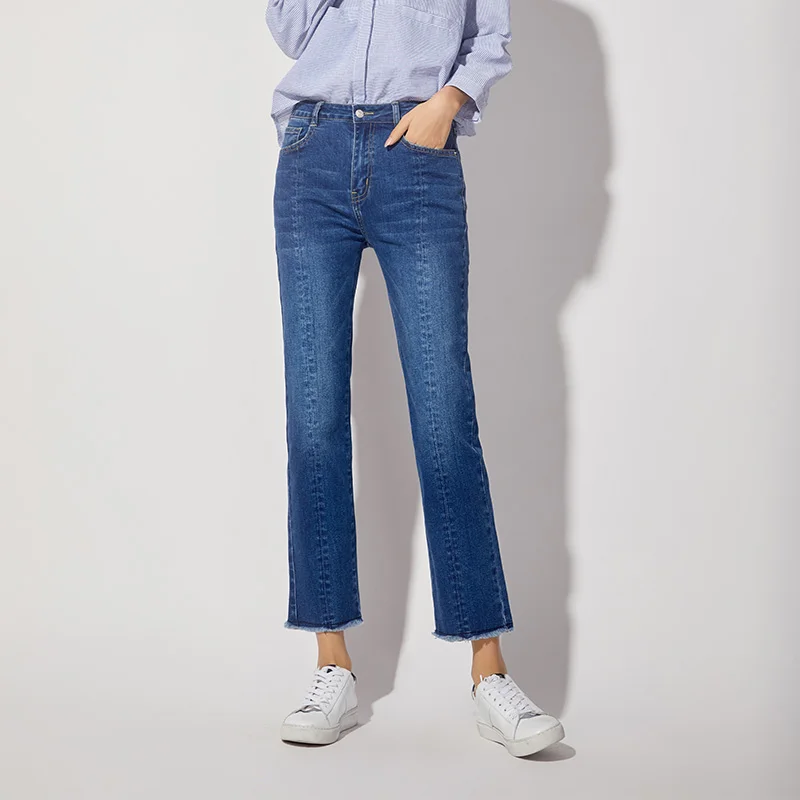 LEIJIJEANS New Autumn Tassel Medium Blue Color High Waist Ankle Length Plus Size L Bleached Slim Straight Jeans Women Denim 7164 | Женская